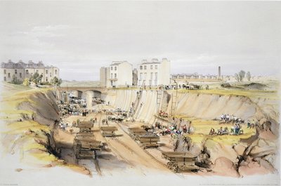 Building the Retaining Wall near Park Street, Camden Town, September 17th 1836 (engraved by the artist, 1838) by John Cooke Bourne